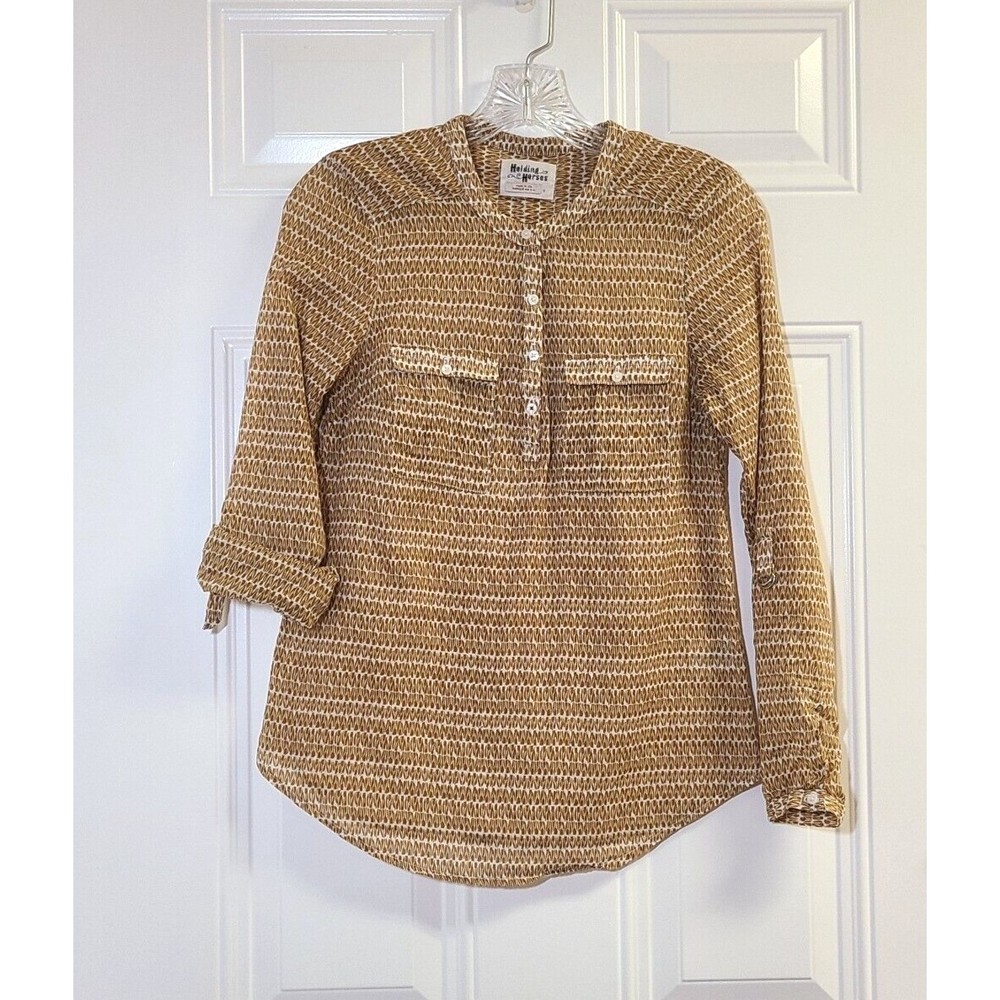 Holding Horses Top Tunic Size 0 Popover Roll Tab Long Sleeves Pockets Cotton